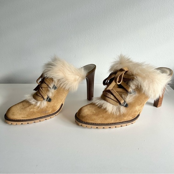 Coach Shoes Kristy Suede Leather Fur Heel Booties Tan Lace-up Size 9B NWOT - Picture 2 of 10